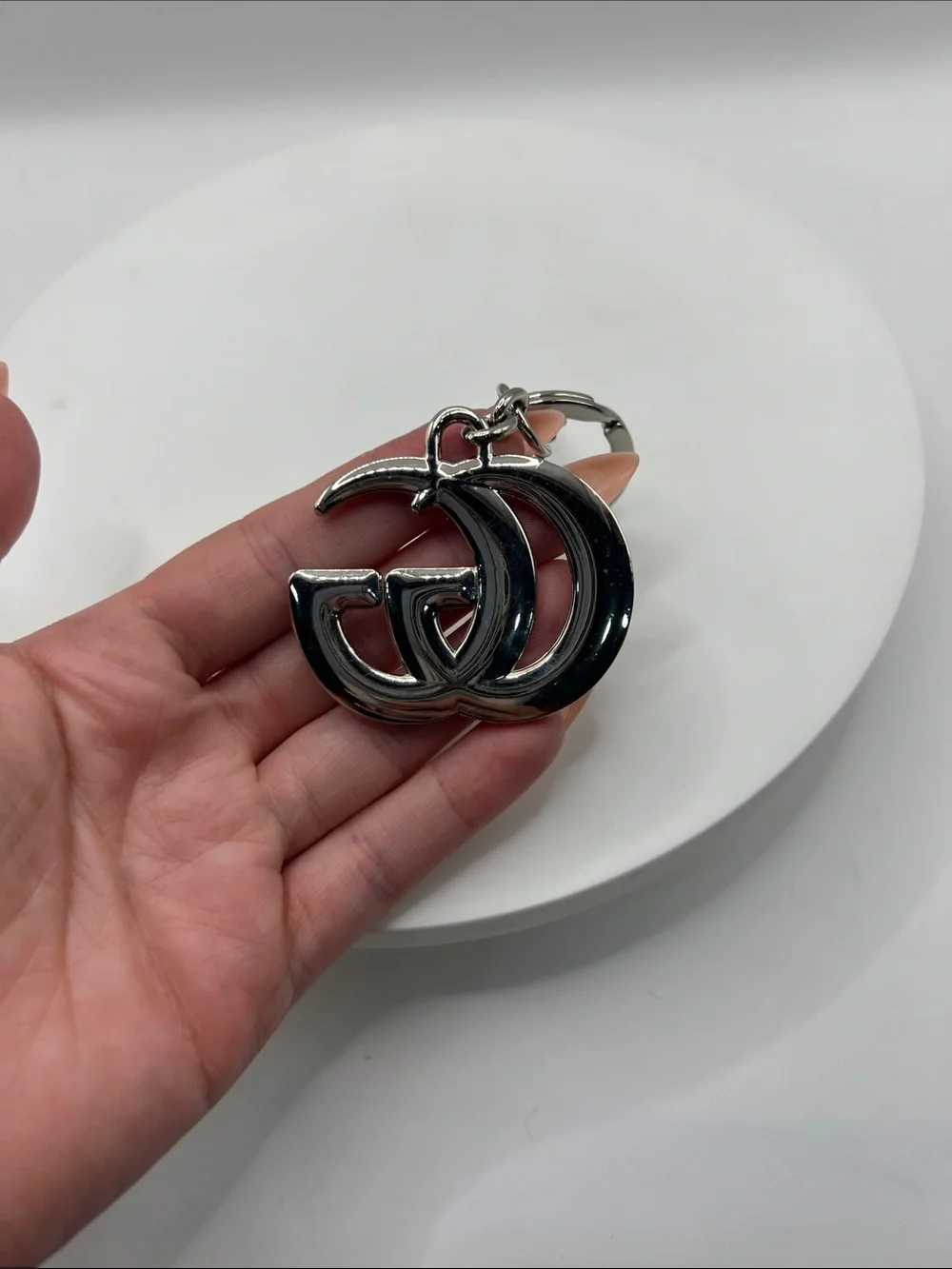 1497. Silver Plated Double G Keychain with Multicolor Stones